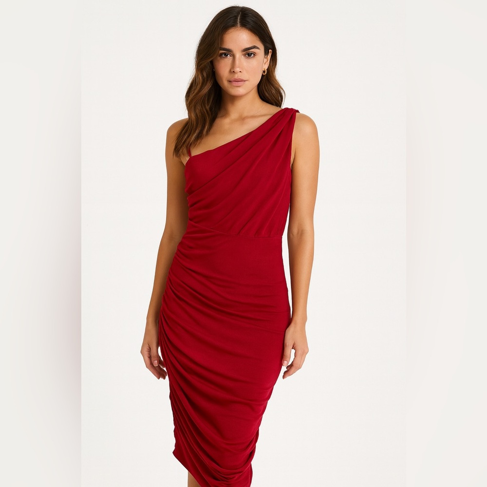 Chic One-Shoulder Red Midi Dress NWT